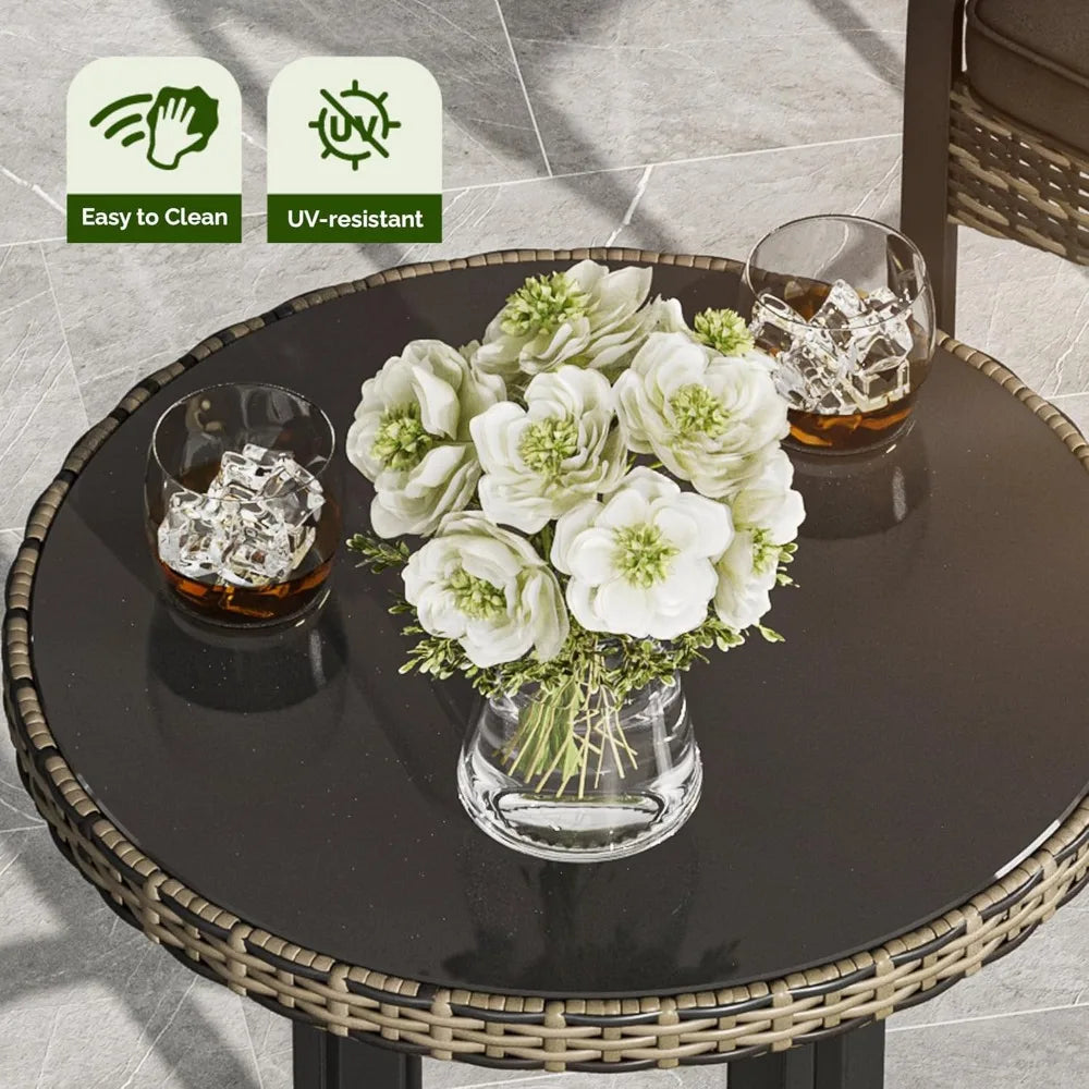3-Piece Outdoor Wicker Bar Height Set with Cushioned Barstools, Patio Bistro Furniture for Balcony and Poolside