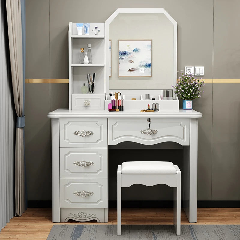 Luxury Nordic Vanity Table with Mirror & Stool – Classic Storage Dresser