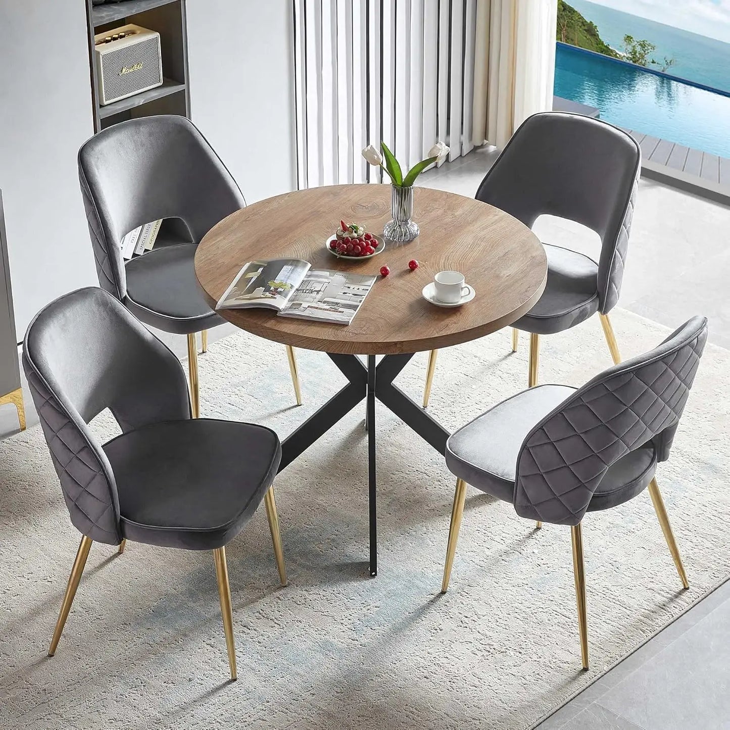 Walnut Round Dining Set with Velvet Chairs – 5-Piece Gold-Leg Table and Chair Set