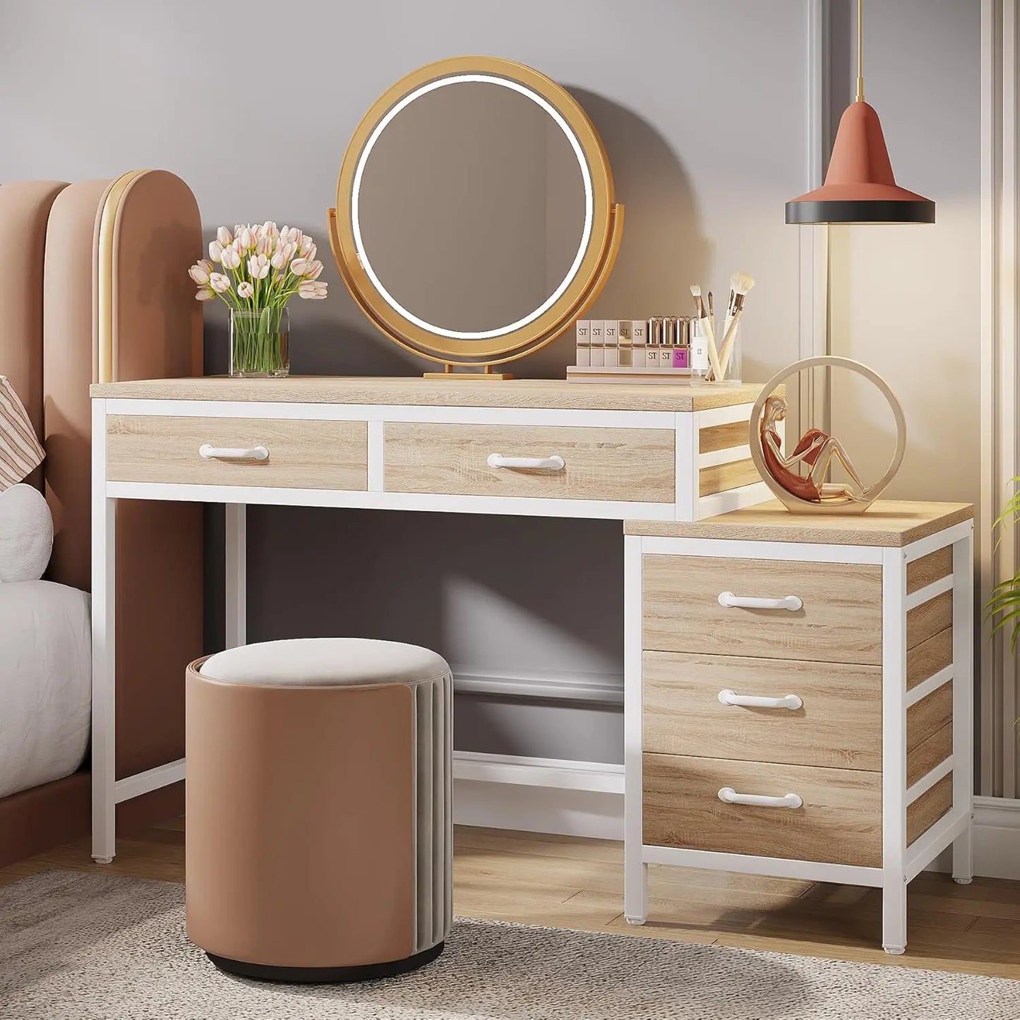 Walnut 5‑Drawer Vanity Desk