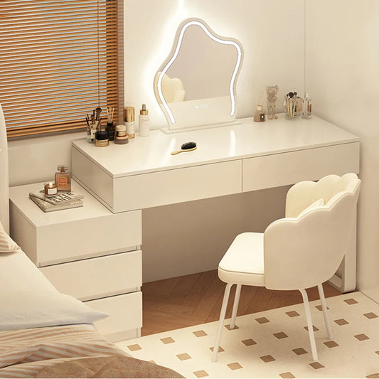 Elegant Minimalist Vanity Table – Nordic Makeup Desk with Mirror & Stool