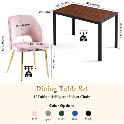 Walnut Round Dining Set with Velvet Chairs – 5-Piece Gold-Leg Table and Chair Set