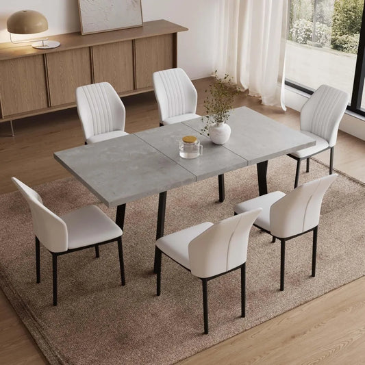 Expandable Dining Table Set – 6-Seater Modern MDF Table with PU Leather Chairs