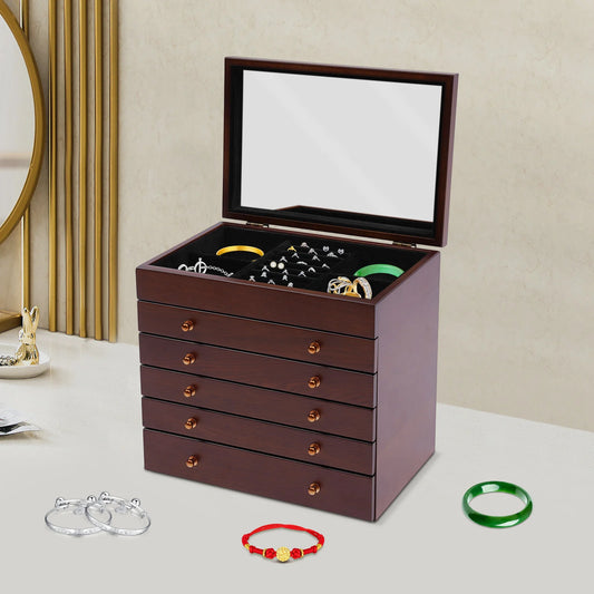 6‑Layer Wooden Jewelry Box with Mirror