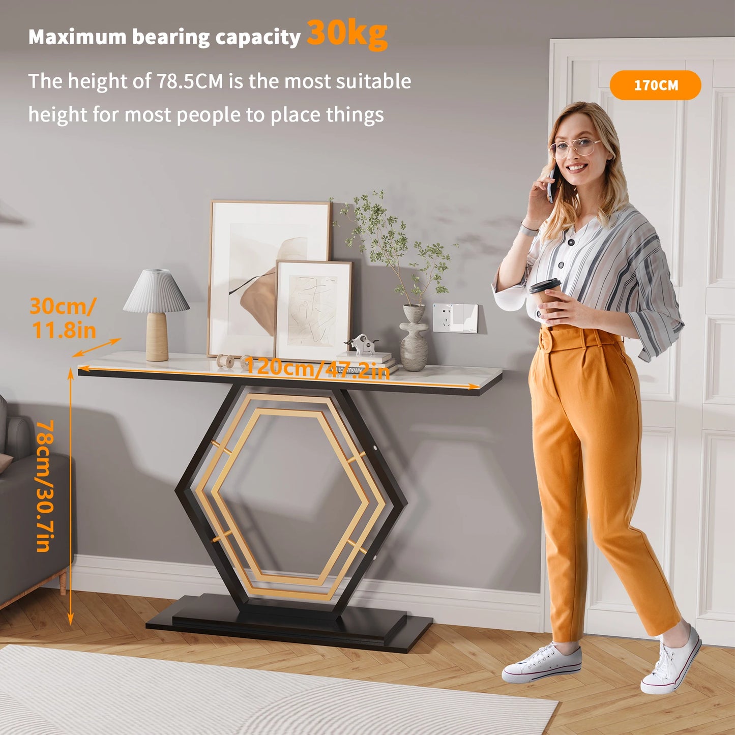 Marble Console Table with Geometric Base