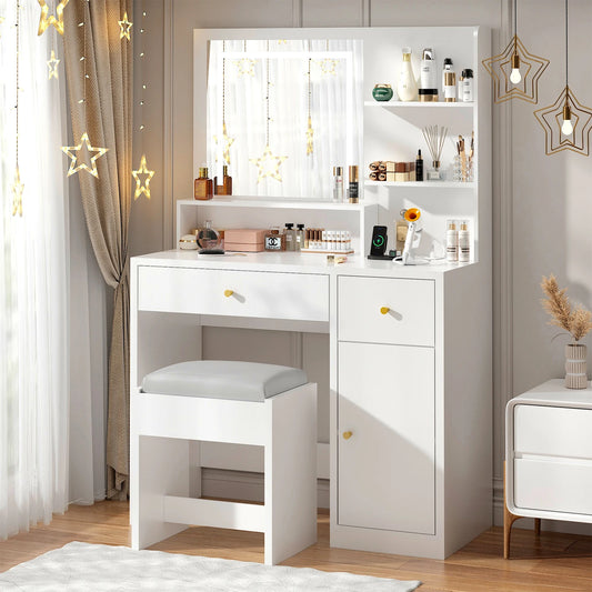 Illuminated makeup table with drawers