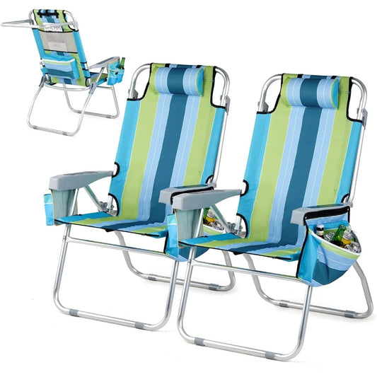 Tall Folding Beach Chair – 2 Pack with Cooler & Storage