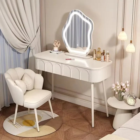Simple Classic Vanity Table – Vintage European Makeup Desk with Mirror & Stool
