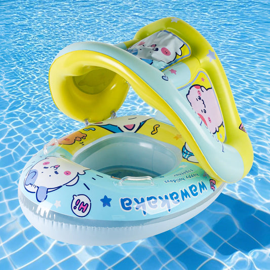 Booster swim float with seat and canopy and inflatable swim ring