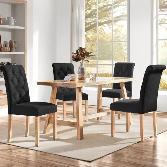 Set of 4 Tufted Dining Chairs – Upholstered High Back with Wood Legs