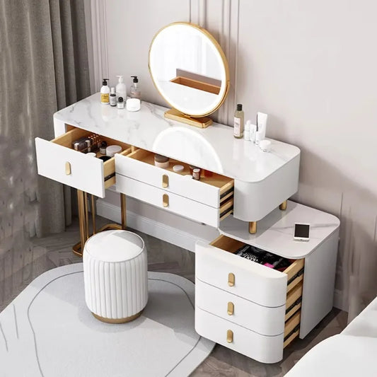Nordic Vanity Table with Rock Slab Top – Pine Wood Makeup Desk with Mirror