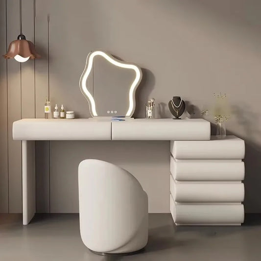 Minimalist White Vanity Table – Elegant Makeup Desk with Mirror & Stool