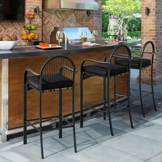 3-Piece Outdoor Wicker Bar Height Set with Cushioned Barstools, Patio Bistro Furniture for Balcony and Poolside