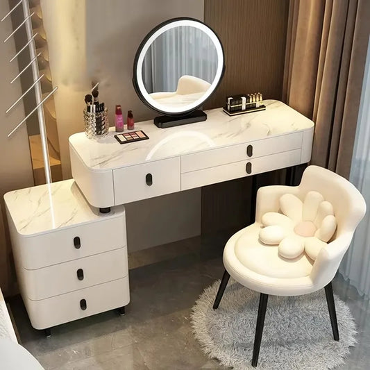 Modern Nordic Vanity Table – Elegant Pine Wood Makeup Desk with Mirror & Stool