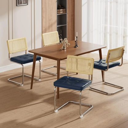 Set of 4 Rattan Dining Chairs – Faux Leather Seat with Cane Back and Metal Legs