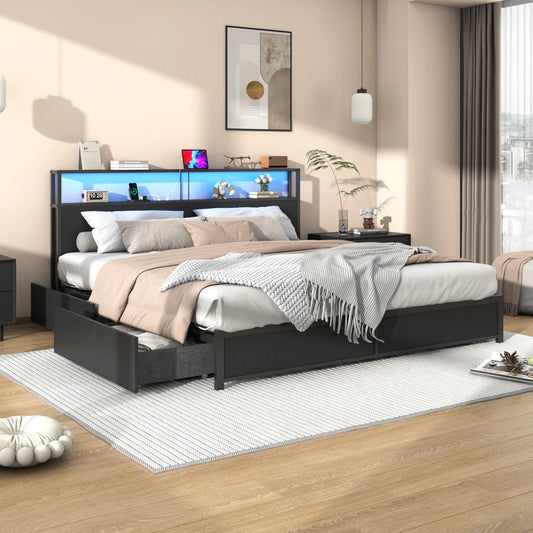 King Size Bed Frame with LED Lights and Charging Base