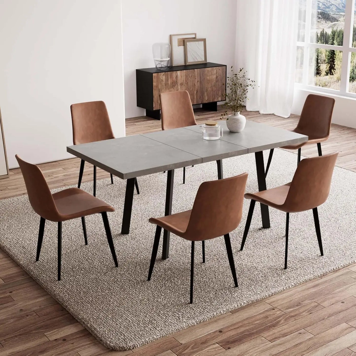 Expandable Dining Table Set – 6-Seater Modern MDF Table with PU Leather Chairs