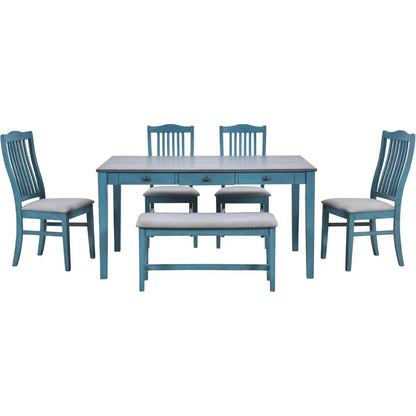 6-Piece Farmhouse Dining Set – Solid Wood Table with Bench, Upholstered Chairs & Storage Drawers