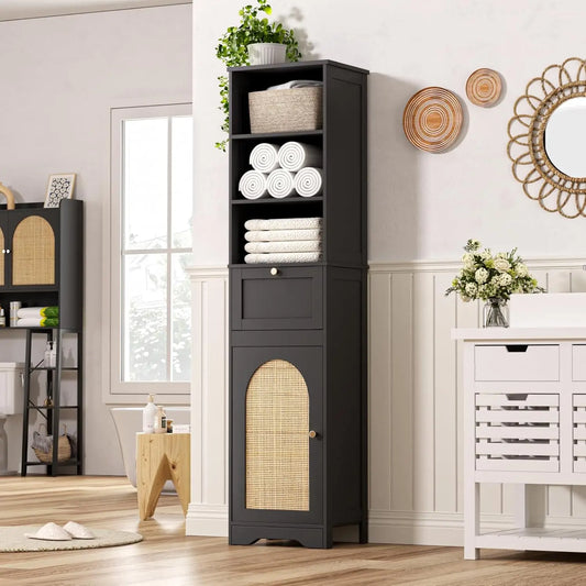 Wood Bathroom Storage Cabinet with Rattan Door & Drawer