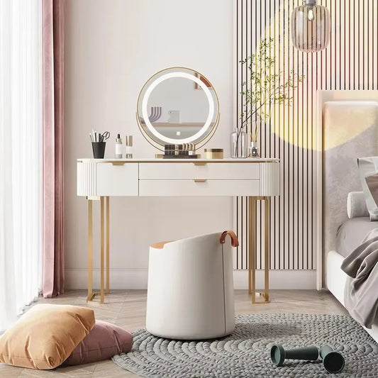 Modern White Vanity Table – Elegant Makeup Desk with Mirror & Stool