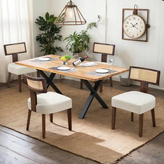 Rattan Dining Chair Set – 4-Piece Modern Cane Back with Upholstered Seat