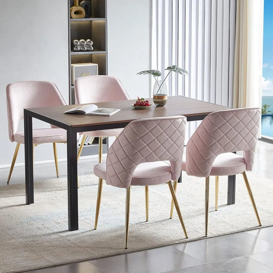 Walnut Round Dining Set with Velvet Chairs – 5-Piece Gold-Leg Table and Chair Set