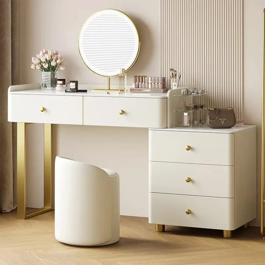European Vanity Table with Drawers – Classic Nordic Makeup Desk with Mirror & Stool