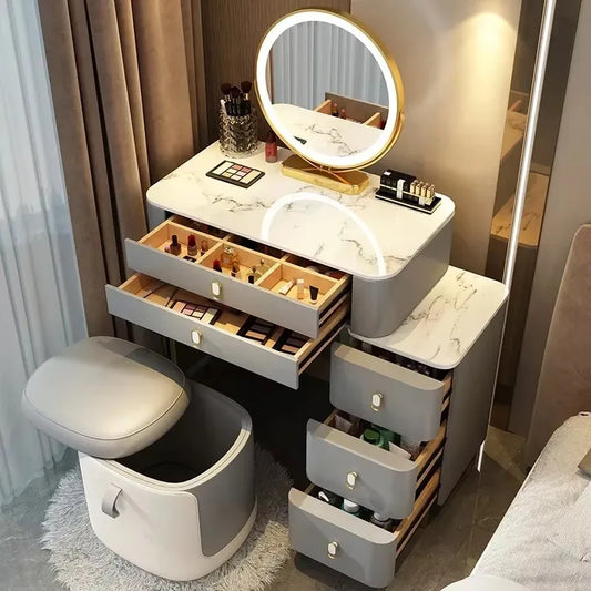 Simple Nordic Vanity Table – Classic Makeup Desk with Mirror & Stool