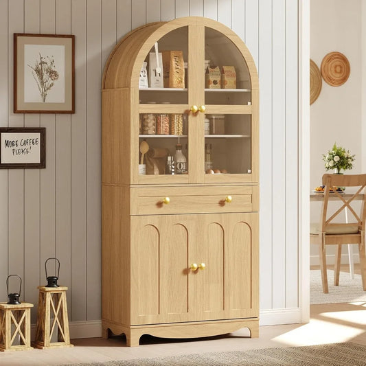 Arched Kitchen Pantry Cabinet – 71" Tall Farmhouse Storage with Glass Doors & Adjustable Shelves