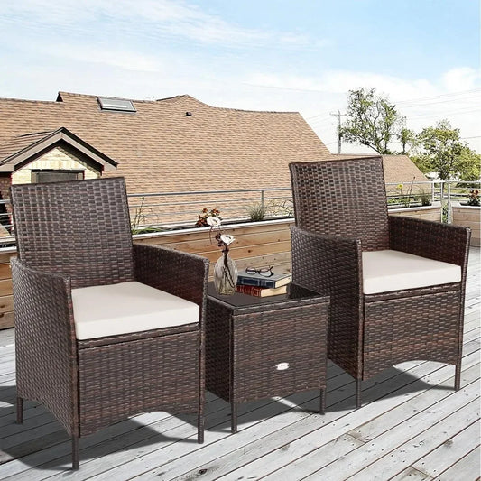 3-Piece White Wicker Patio Set with Cushions and Glass Coffee Table