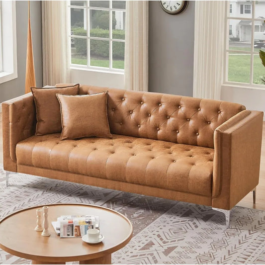 Button Tufted Leather Sofa