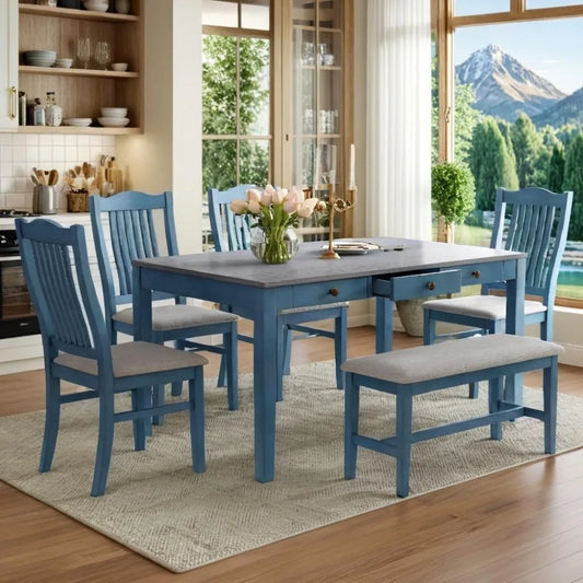 6-Piece Farmhouse Dining Set – Solid Wood Table with Bench, Upholstered Chairs & Storage Drawers