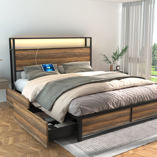 Metal platform bed frame with 4 storage drawers and headboard