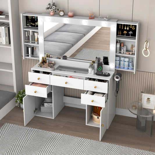 Dressing table with lighted mirror and power outlet
