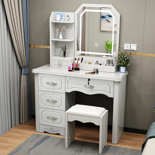 Luxury Nordic Vanity Table with Mirror & Stool – Classic Storage Dresser