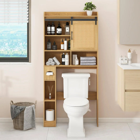 Over the Toilet Storage Cabinet with Rattan Door & Toilet Paper Holder
