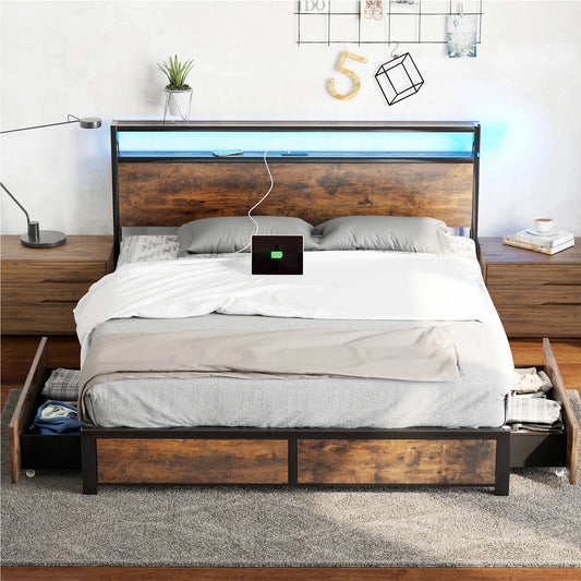 Bed Frame with Charging Station and LED Lights