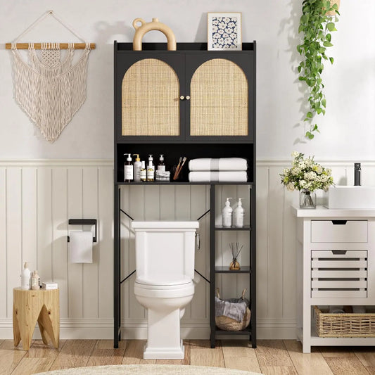 Over The Toilet Storage Cabinet with Rattan Doors & Metal Stand