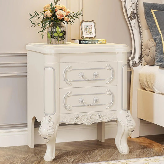 White Carved Nightstand