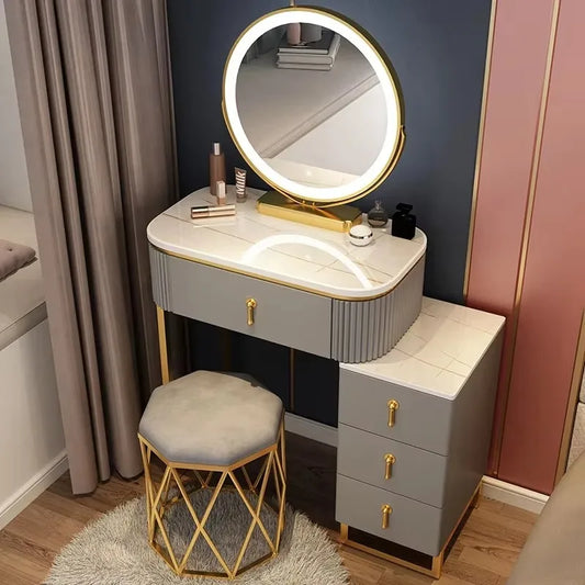 Simple Elegant Vanity Table – Nordic Vintage Makeup Desk with Mirror & Stool