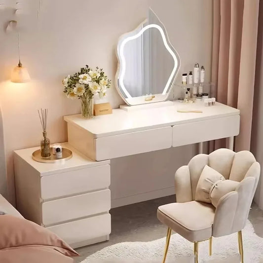 White Vanity Table with Drawers – European Minimalist Makeup Desk with Mirror & Stool