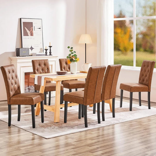 Set of 6 Leather Dining Chairs – Tufted Modern Design with Wood Legs